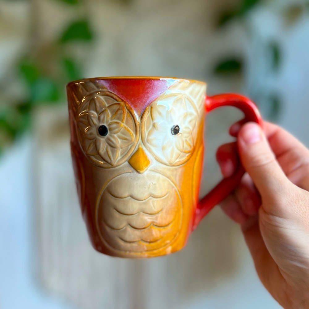 Cottagecore Owl Mug 🦉 Red & Tan Ceramic Coffee Cup by Elite Couture 🌿 Boho Cozy